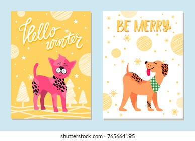 Hello winter and be merry festive cards with dogs of pure breeds. Pink Chinese crested puppy and weimarer with neckerchief vector illustrations.