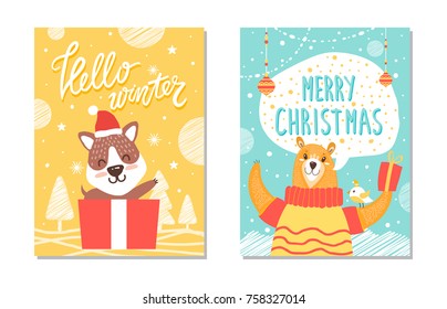 Hello winter and be merry posters, icons of trees and snowflakes used as decoration and images of puppy and rabbit isolated on vector illustration