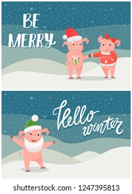 Hello winter, be merry wishes on Christmas, boy and girl piglets celebrating New Year holidays. Boar in Santa Claus hat on wintertime snowy backdrop, vector