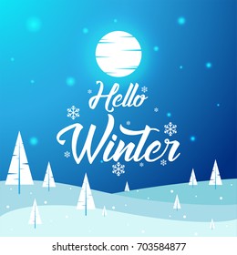 Hello Winter - Beautiful Winter Landscape, Flat, New Year, Vector Illustration