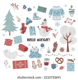 Hello winter. Big collection of seasonal cozy items, food, cute cats, trees, clothes and decor. Vector illustration. isolated colored elements in flat style for design and decor