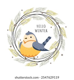 Hello winter. Bird in a Christmas wreath with branches and berries. Blue tit. Winter vibe. Vector illustration