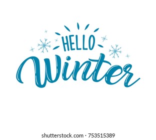 Hello Winter blue snow, snowflake hand sketched logotype, badge typography icon. Lettering winter season for greeting card, invitation template. Retro, vintage lettering banner poster template