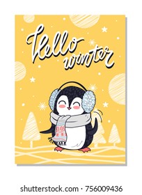 Hello winter bright postcard with smiling penguin dressed in furry headphones and knitted scarf. Vector illustration with greeting from cute animal