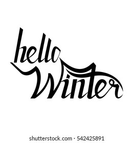 Hello winter brush lettering calligraphy on white isolated for cards, invitations, templates with hand drawn lettering