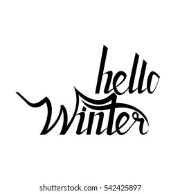 Hello winter brush lettering calligraphy on white isolated for cards, invitations, templates with hand drawn lettering