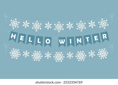 Hello Winter bunting garland, blue pennants with white letters, party lettering banner with snowflakes, vector decoration