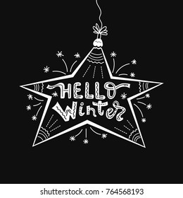 Hello winter, caligraphy design. Christmas card. Vector decorative star, ornament, print design for T-shirts.