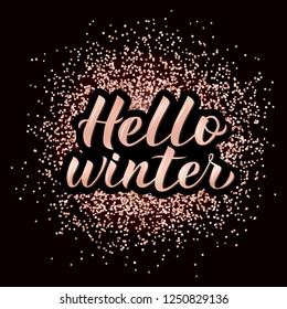 Hello Winter calligraphy lettering on rose gold textured background. 3d hand lettering. Winter party disco typography poster. Vector illustration. Easy to edit template for your design projects. 
