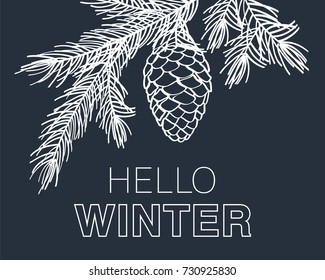 Hello winter card. Background with pine branches and cone.  Hand drawn Christmas, New Year elements with chalk on the blackboard. Vector illustration.