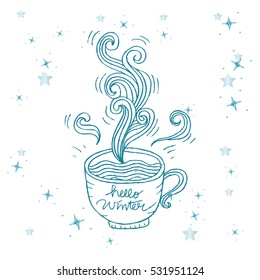 Hello Winter card. Banner of winter season. Greeting coffee banner for winter background.