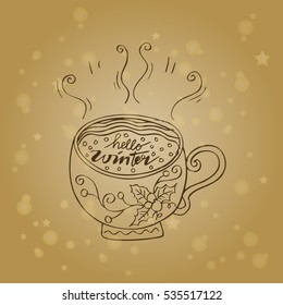 Hello Winter card. Banner of winter season. Greeting coffee banner for winter background.