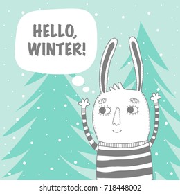 Hello winter card with cartoon rabbit and Christmas trees. Winter background with character rabbit in a forest. Greeting winter card. Vector illustration.