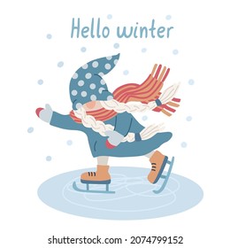 Hola tarjeta de invierno con un alegre gnomo de patinaje. Diversión en invierno, deporte y recreación. Carácter gracioso. Grabado a mano e ilustración plana. Colores rojo y azul.