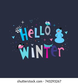 Hello Winter card. Cute animals. Vector illustration.
