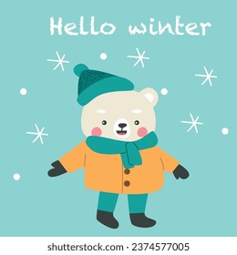 Hello winter card with cute bear in warm clothes. Winter animal polar bear illustration. Christmas character. Simple flat style. Winter season greeting card design. Postcard