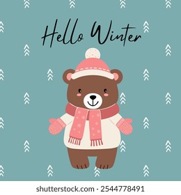 Hello winter card with cute bear. Winter animal illustration. Christmas character. Simple flat style