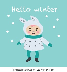 Hello winter card with cute bunny in warm clothes. Winter animal hare illustration. Christmas character rabbit. Simple flat style. Winter season greeting card design