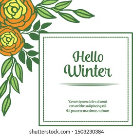 Hello winter card with cute colorful rose flower frame. Vector