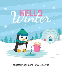 Hello winter card with cute fishing penguin in scarf, fish bucket, igloo, winter landscape and snowflakes. Vector illustration in flat style