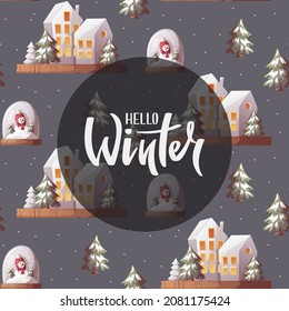 Hello winter Card design with Decorative houses, snow globe with snowman. Merry Christmas, cozy winter, New Year, holidays concept. Vector illustration for poster, banner, card, postcard, cover.