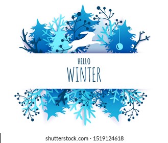 Hello Winter card hand lettering typography, vector illustration in paper art craft style. Beautiful paper cut winter composition with snowy trees christmas tree balls and hare silhouette.