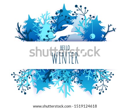 Hello Winter card hand lettering typography, vector illustration in paper art craft style. Beautiful paper cut winter composition with snowy trees christmas tree balls and hare silhouette.