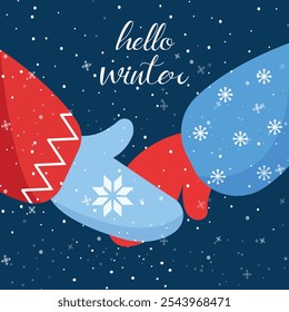 Hello Winter. Winter Card Illustration. Snow. Hands in gloves.Vector