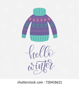 Hello winter card with modern calligraphic sign.
