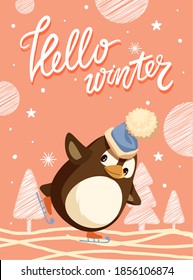 Hola tarjeta de invierno, patinaje sobre pingüino en pista de hielo. Pájaro en sombrero con bubo sobre patines, copos de nieve y primos. Vector de afiches de bienvenida de Navidad y Año Nuevo.
