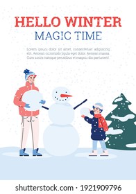 Hello winter card or poster template with family of father and son making snowman, cartoon vector illustration. Holiday winter games and outdoor leisure.