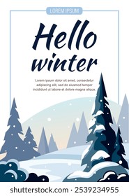 Olá, cartão de inverno, cartaz, banner da web. Paisagem de floresta de inverno com neve coberta de abetos.