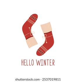 Hello winter card with red warm winter socks on white background. Season's greetings.