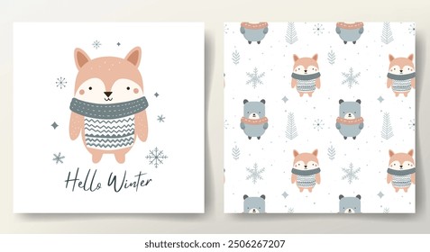 Hello winter card and seamless pattern with cute fox, snowy trees, bear. Christmas template. Winter animals.