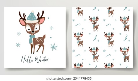 Hola tarjeta de invierno y patrón sin fisuras con lindo reno. Plantilla de Navidades. Animales de invierno.