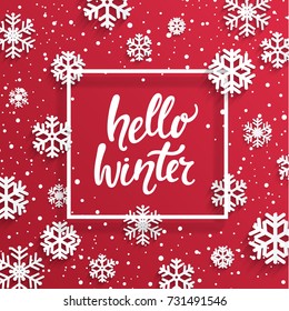 Hello winter card with snowflakes on red background. Vector illustration banner.