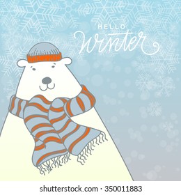 Hello Winter Card Vector Illustration. Polar Bear with Beanie and Scarf, Hand Lettered Text with Snow Symbols on a Blue Background.