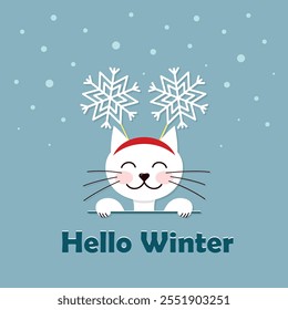 hello winter card, white kitty with snowflakes headband on, square vector illustration