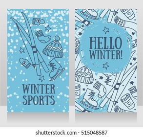 "hello winter" cards, banners for winter games and sports, vector illustration