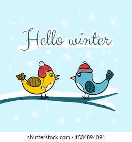 Hello winter cartoon card with two cute birds in snow with text.