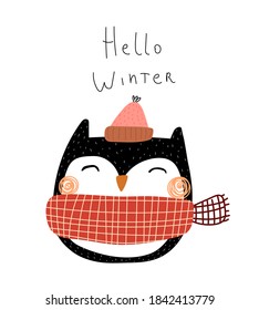 Hello winter. Cartoon owl, hand drawing lettering. holiday theme. Colorful vector illustration, flat style. design for greeting cards, print, poster