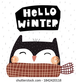 Hello winter. Cartoon owl, hand drawing lettering, decor elements. holiday theme. Colorful vector illustration, flat style. design for greeting cards, print, poster