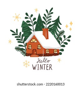 Hello Winter cartoon vector card or poster.Country house, stylized trees, snowflakes and hand lettering on white background.Clipart set for decorated winter holydays events.Cozy lifestyle.