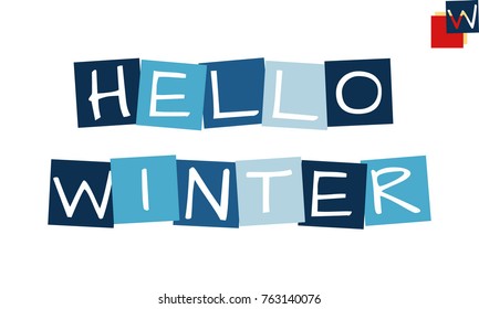 hello winter, cartooned cutout text in blue colored rotated squares