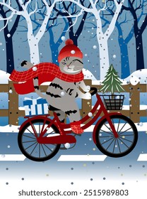 Hello winter, Winter Cat on Bicycle, Ideal for Holiday Cards and Winter-Themed Designs