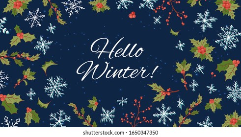 Adiós invierno y Navidad fondo con holly, bayas y copos de nieve alegres vacaciones de invierno vectorial ilustración. Mistletoe Navidad y afiche de año nuevo.