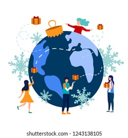 Hello winter. Christmas background. Vector flat illustration, little people say hello winter.