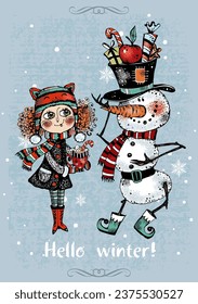 Hello winter. Christmas card with a cute girl and a snowman. Vector.