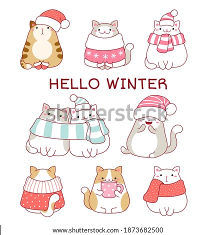 Hello winter. Christmas collection of cute fat cats in scarves and hats. Set of lovely cats in kawaii style. Vector illustration EPS8