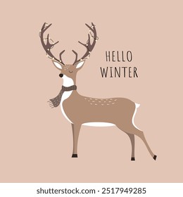 Hello winter. Christmas deer with garland and scarf. Flat vector illustration